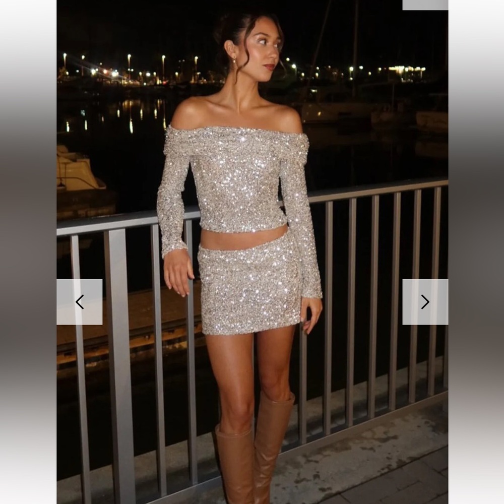 12th Tribe Sequin Skirt Set in Champagne Silver
